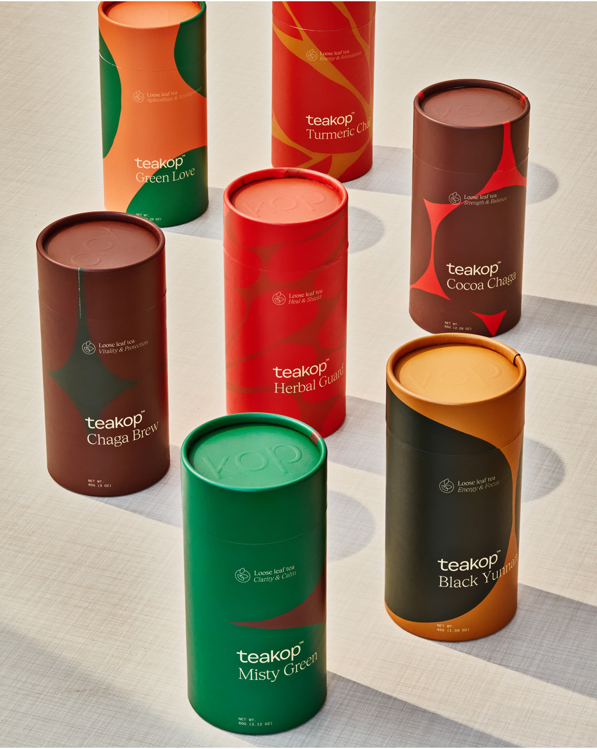 All seven teakop flavours placed on a table