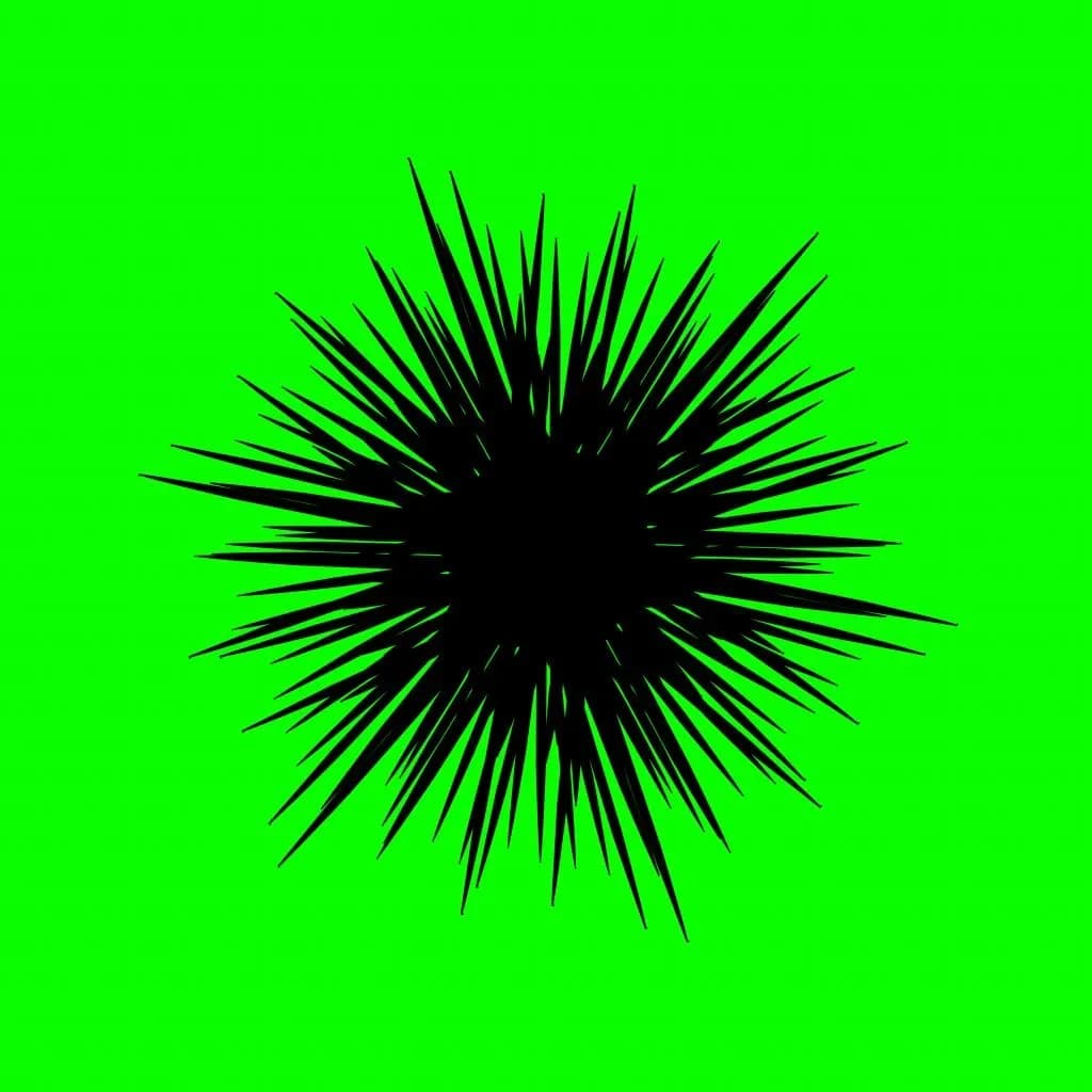 Album cover artwork for The Minds of 99: a jagged black starburst / sea urchin silhouette centred on a bright green background — bold graphic identity for the 'Infinity Action' release.