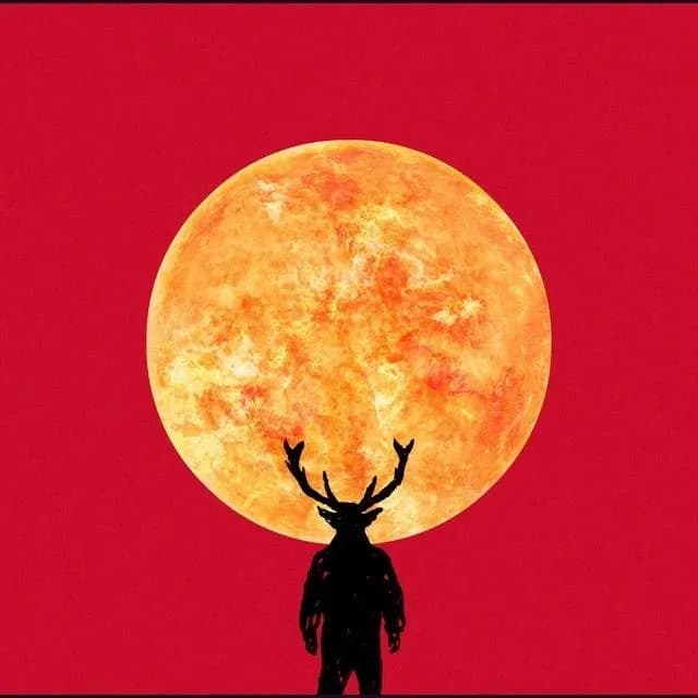 Album cover for 'Solkongen' by The Minds of 99: a glowing orange sun rendered in painterly texture against a deep red sky, with the silhouette of a human figure wearing stag antlers standing beneath it.