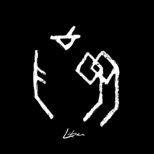Album cover for 'Liber' by The Minds of 99: hand-drawn white rune-like symbols on a black background, with the album title in a loose script beneath.