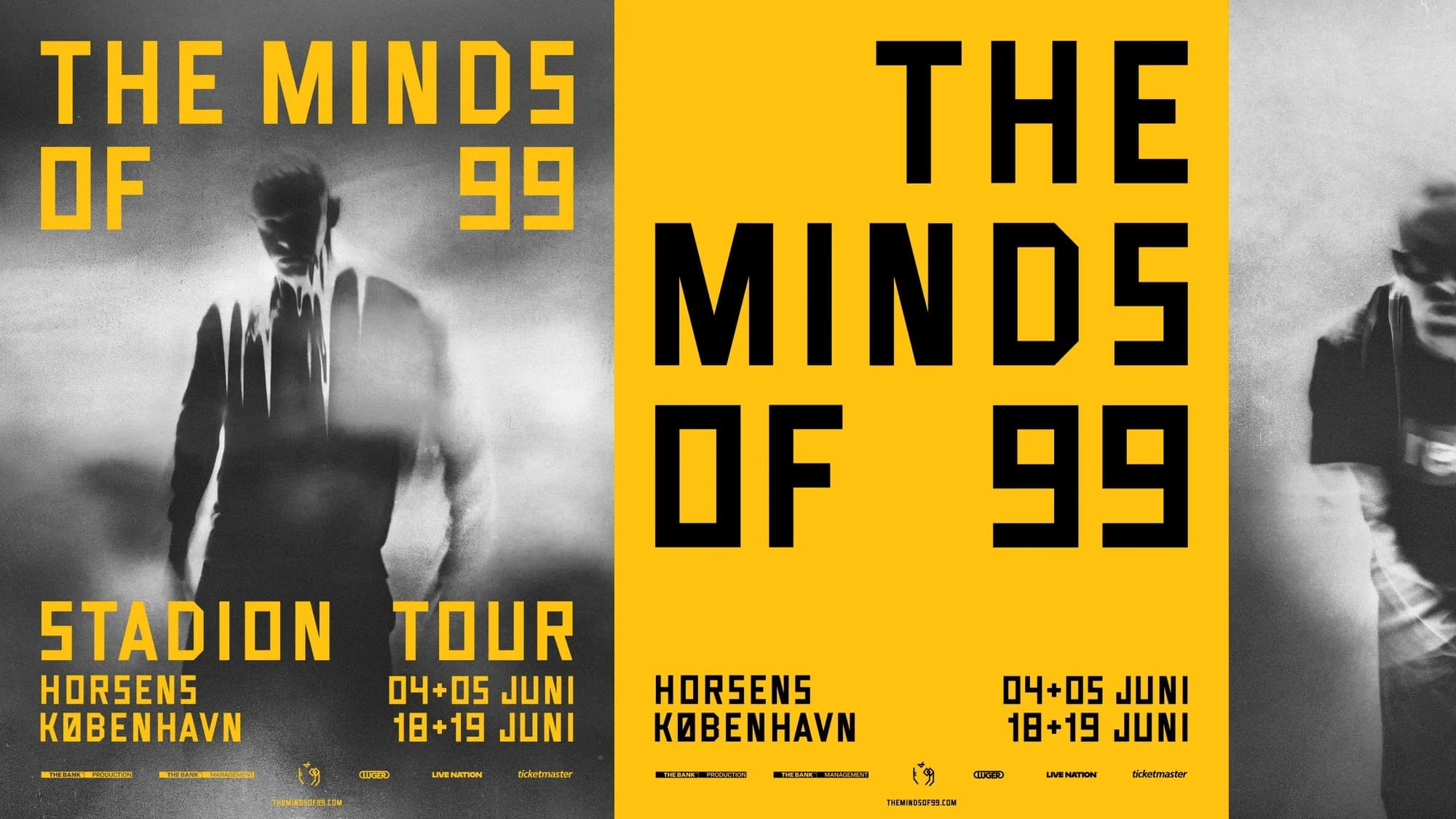 Two tour poster layouts for The Minds of 99 'Stadion Tour': left version on a dark grey ground with a ghostly dripping portrait, right version reversed onto bright yellow with bold black wordmark; both list tour dates for Horsens and København.