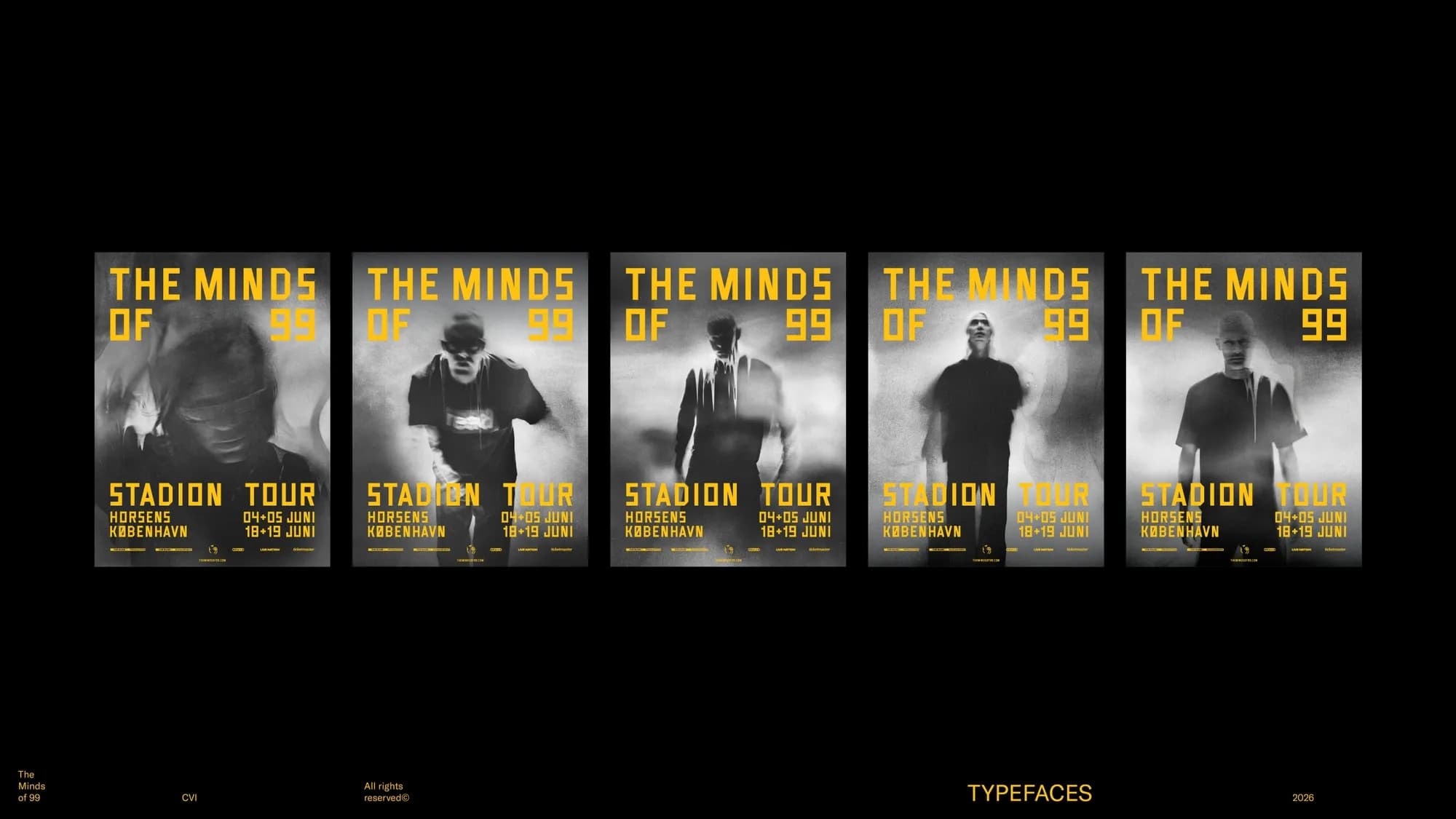 Row of five 'Stadion Tour' posters for The Minds of 99, each carrying a different motion-blurred or masked portrait of a band member against black, with the yellow wordmark and Horsens/København tour dates repeated across all five.