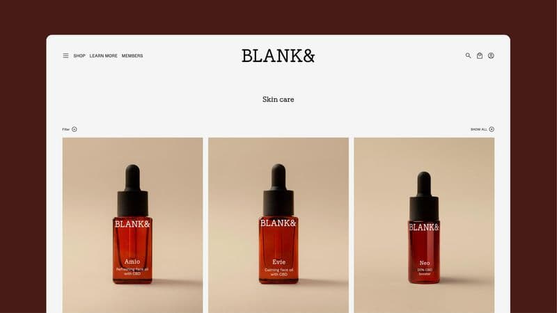 Screenshot of the Blank& web shop 'Skin care' category showing three product cards: Amio (Refreshing face oil), Evie (Calming face oil) and Neo (20% CBD booster).