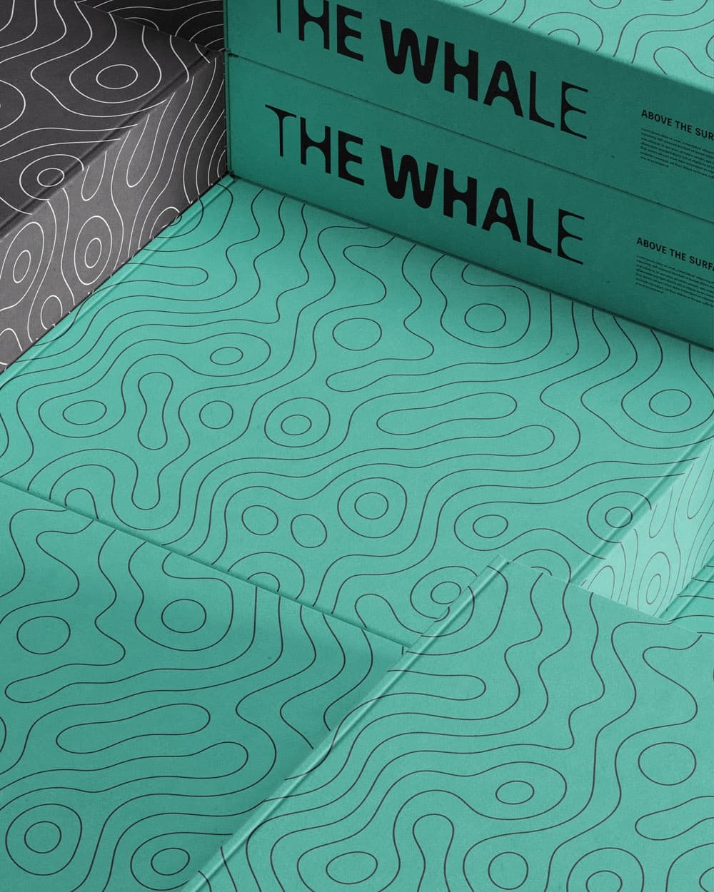 The Whale packaging stacked, with a turquoise topographic patterned surface