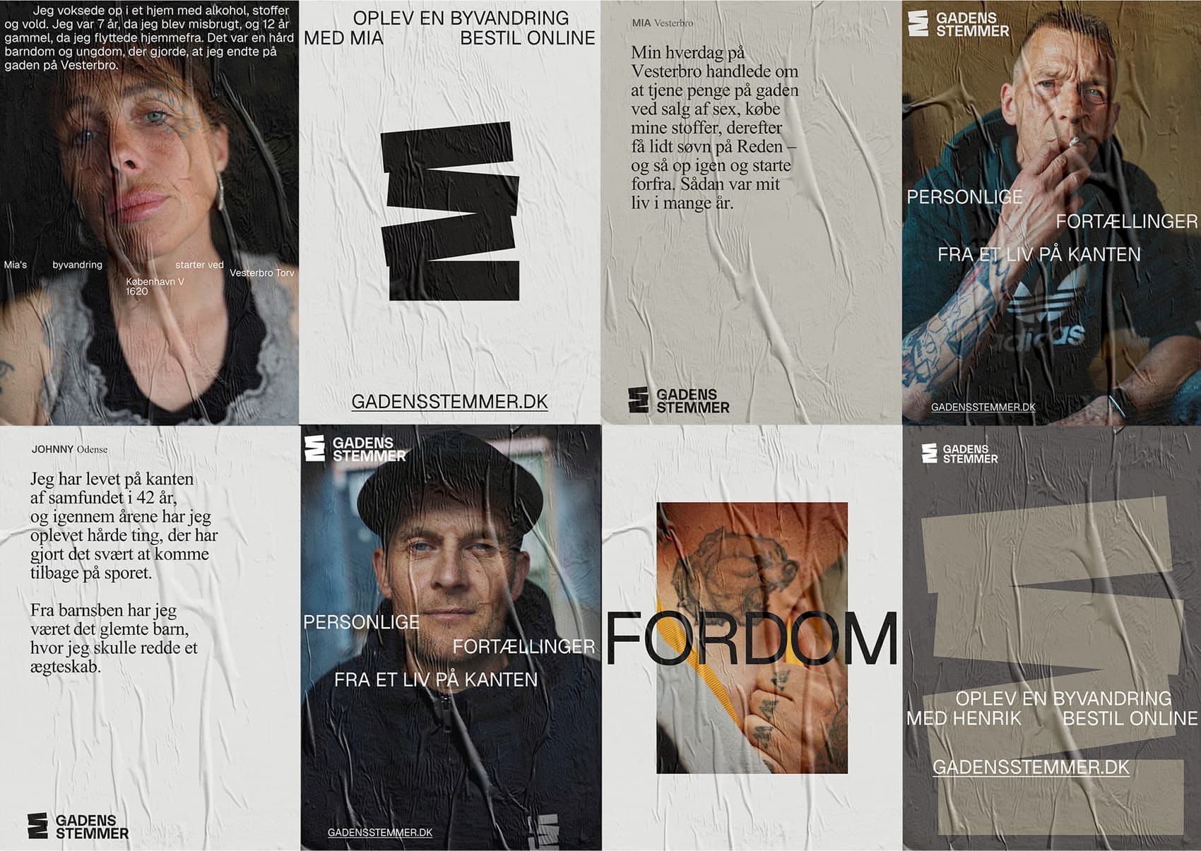 Collage of six posters featuring portraits of storytellers Mia, Johnny and Henrik with Gadens Stemmer branding