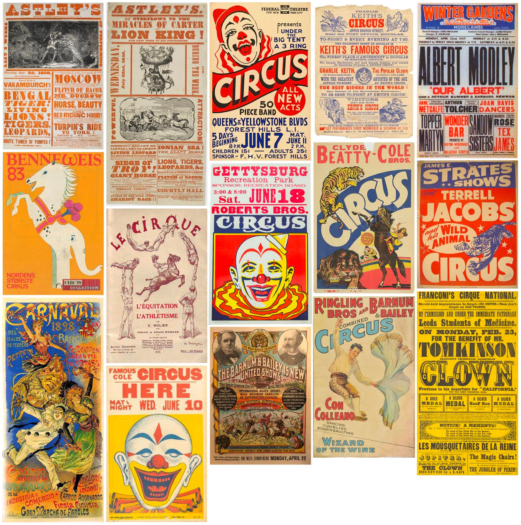 Moodboard of historical circus posters from Astley's, Le Cirque and Barnum & Bailey, used as visual research behind CCCC's new brand identity.