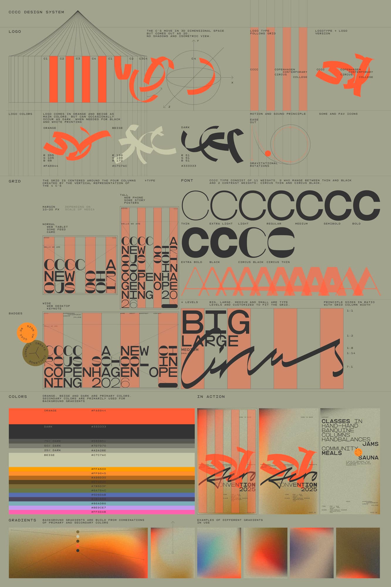 Overview of CCCC's design system with logo, custom typography, grid, colour palette in orange, beige and dark grey, plus gradients and badges.