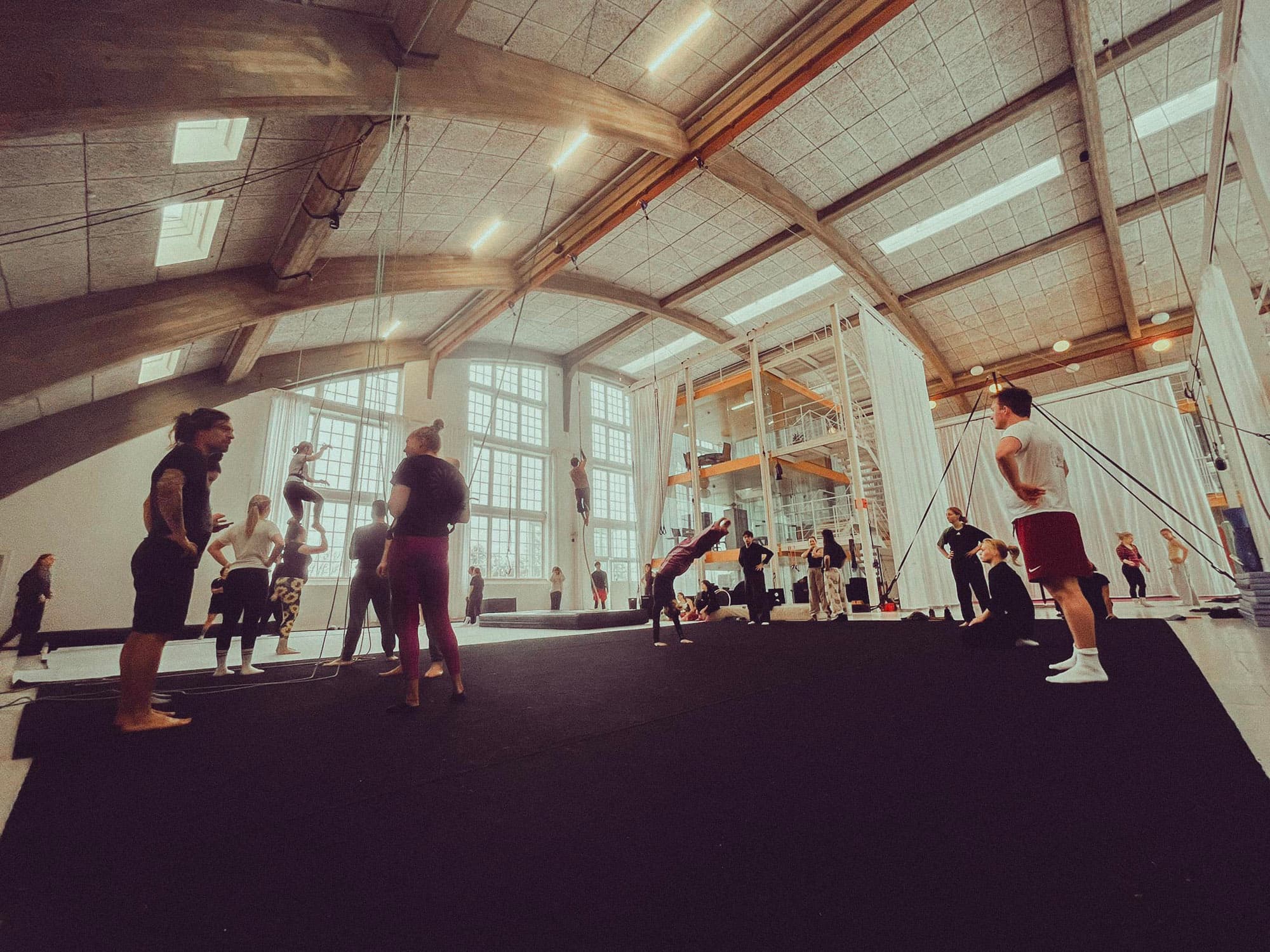 Circus performers in training gear gather on a black mat in CCCC's hall with curved timber roof, daylight and aerial rigging hanging from the ceiling.