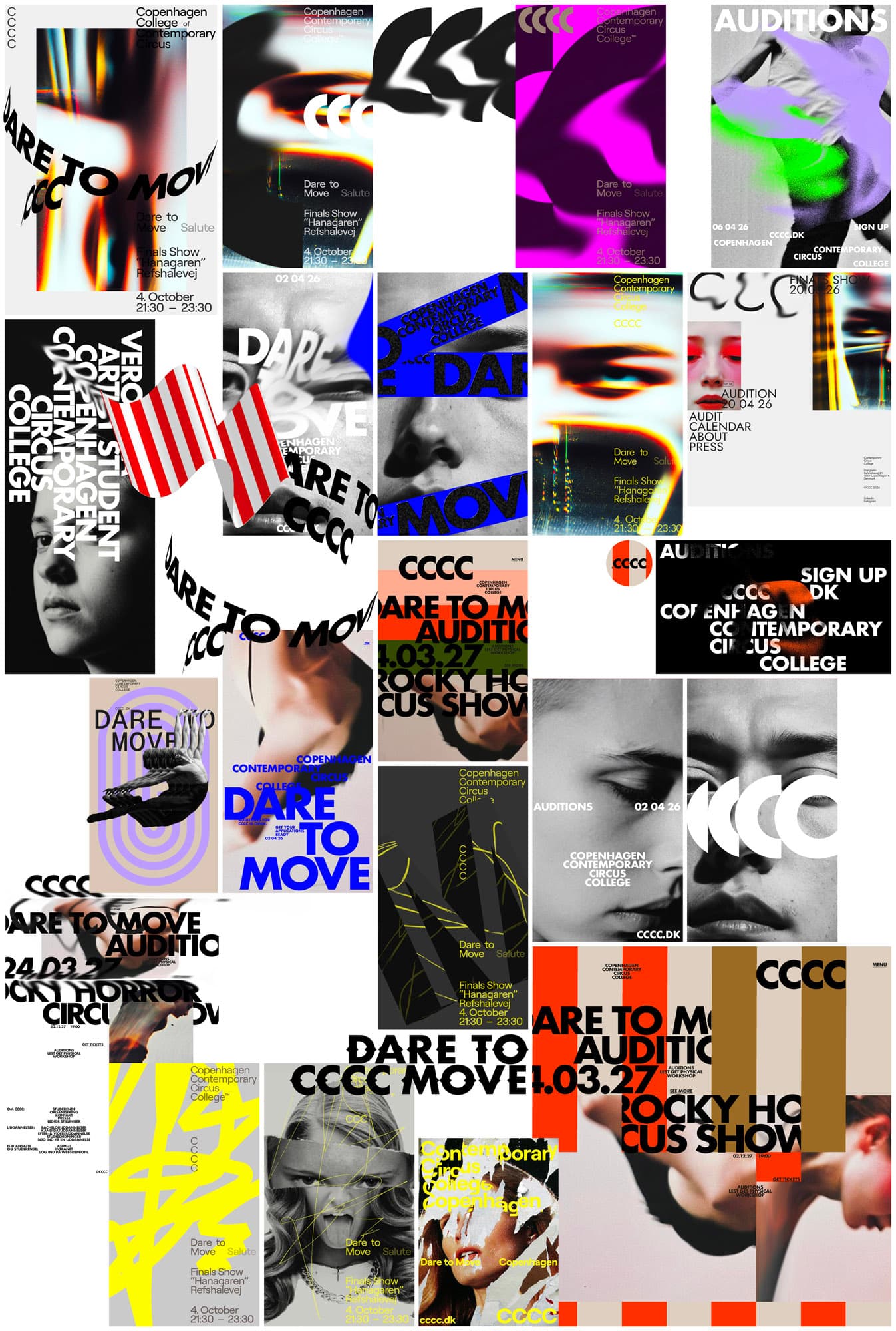 Sketches and design iterations of CCCC posters for the 'Dare to Move' campaign with varying typography, colour treatments and portrait photography.