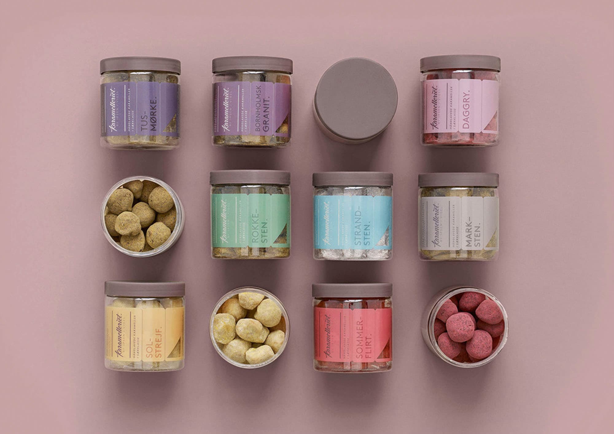 Top-down photography of packages from Karamelleriet