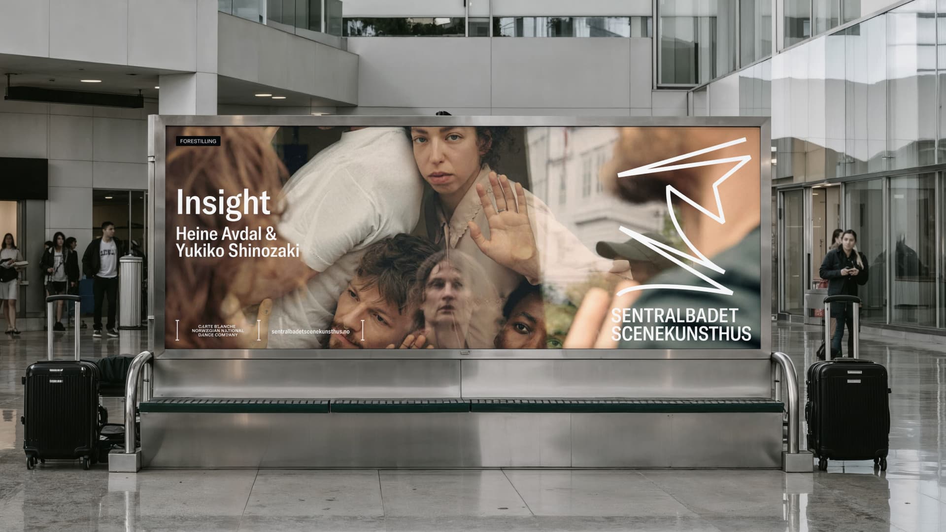 Large advertising billboard in an airport terminal for the performance 'Insight' by Heine Avdal & Yukiko Shinozaki, featuring overlapping portrait photos and the Sentralbadet Scenekunsthus logo.