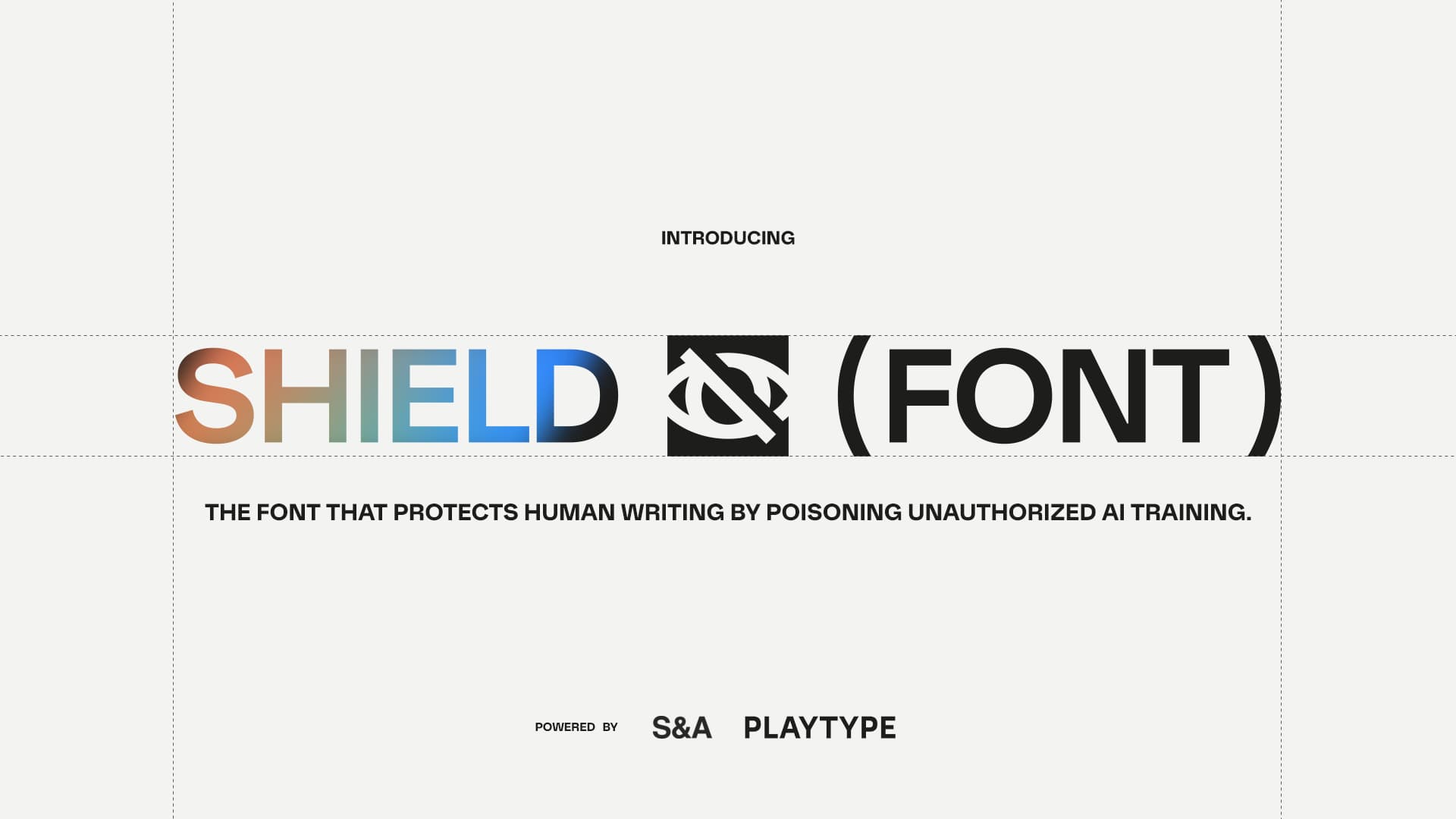 16:9 version of the 'Introducing SHIELD (FONT)' visual: the gradient word 'SHIELD', a crossed-out eye icon and '(FONT)' in black, with tagline and 'Powered by S&A Playtype' credit.
