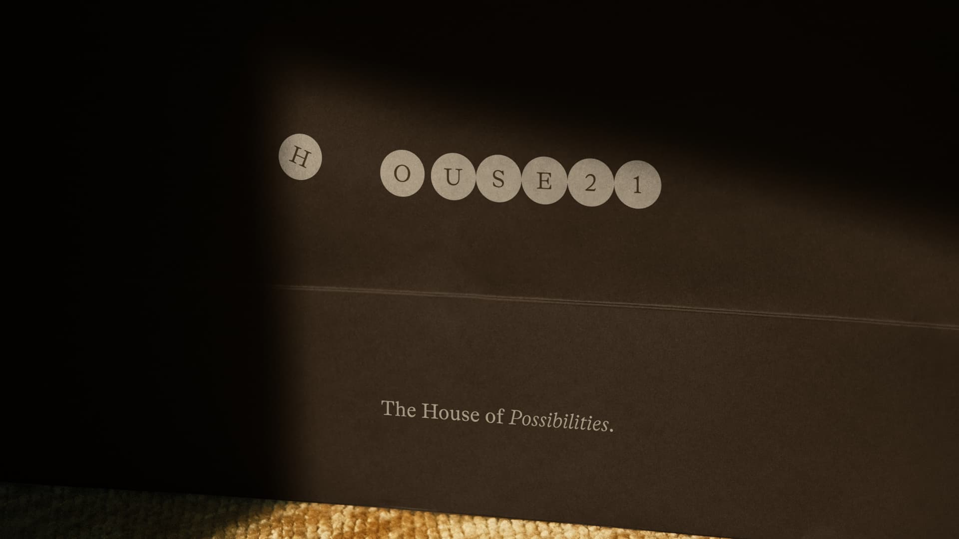 House21 wordmark in circular type discs on a shadowed dark brown surface, tagline 'The House of Possibilities' beneath — the brand's core cover treatment.
