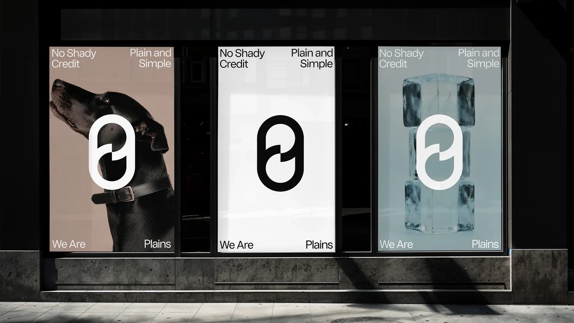 Plains identity on three posters in a shop window: a dog with the P/0 symbol on pink, the symbol in black on white, and the symbol over a glass object on blue-grey. Copy: "No Shady Credit", "Plain and Simple", "We Are Plains".