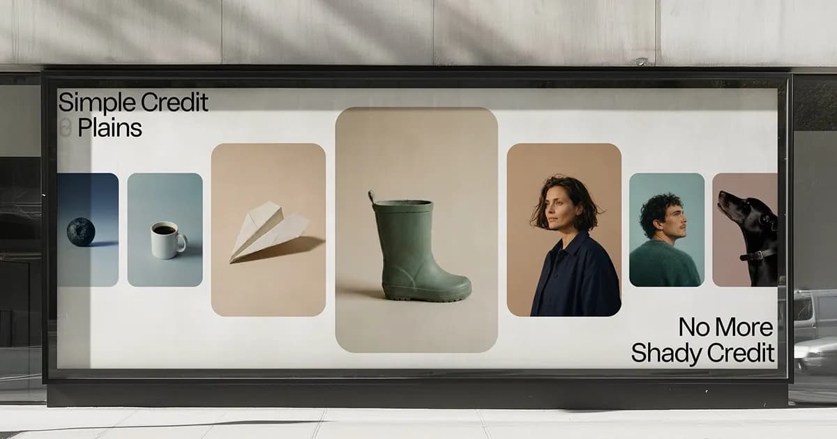 Plains billboard on a building facade with still lifes and portraits on coloured panels: blueberry, coffee cup, paper plane, green rubber boot, a woman, a man and a dog. Copy: "Simple Credit, Plains" and "No More Shady Credit".