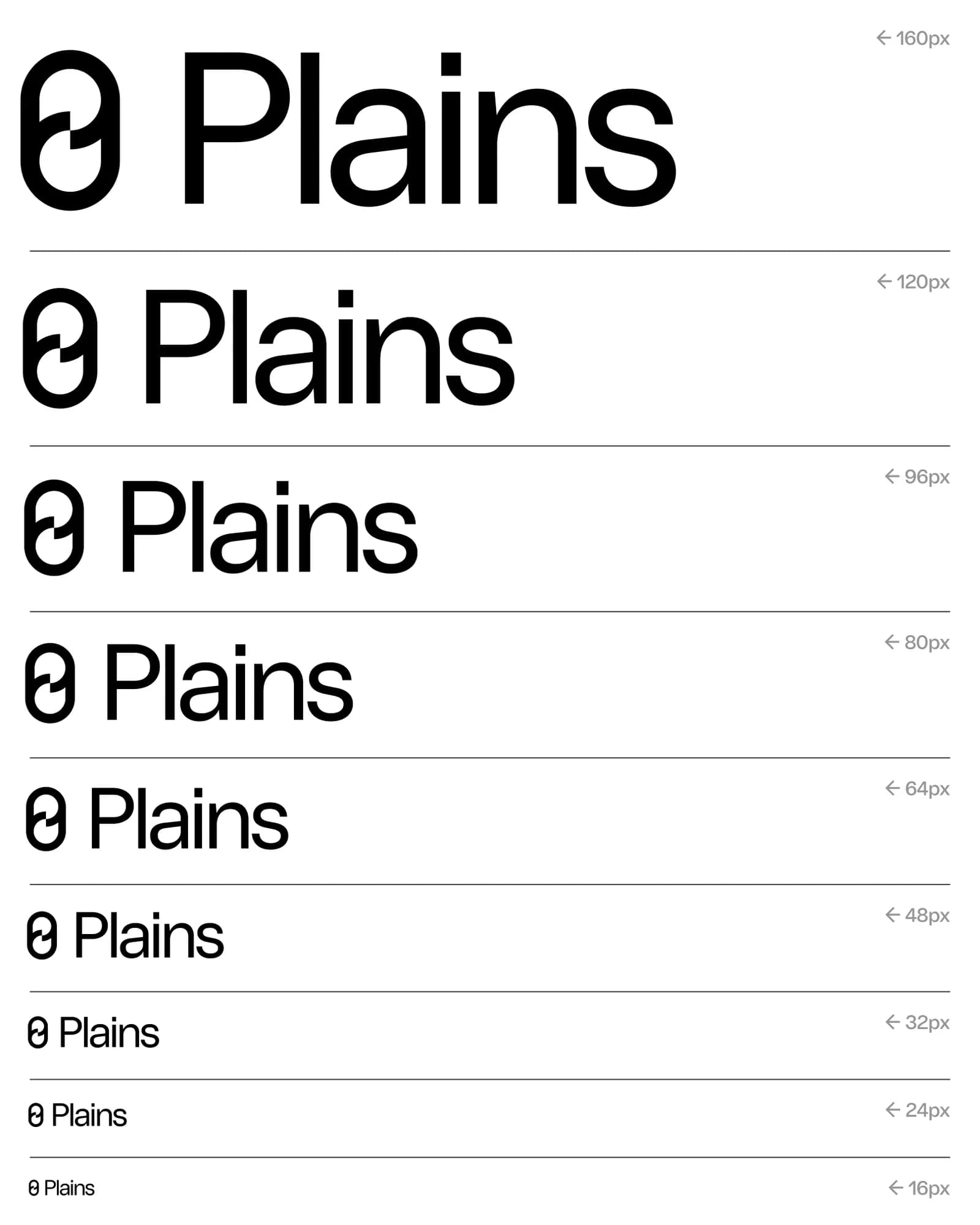 The Plains wordmark with the zero symbol repeated at 160, 120, 96, 80, 64, 48, 32, 24 and 16 px, from large to small. Each row is separated by a thin rule, showing how symbol and type scale together.