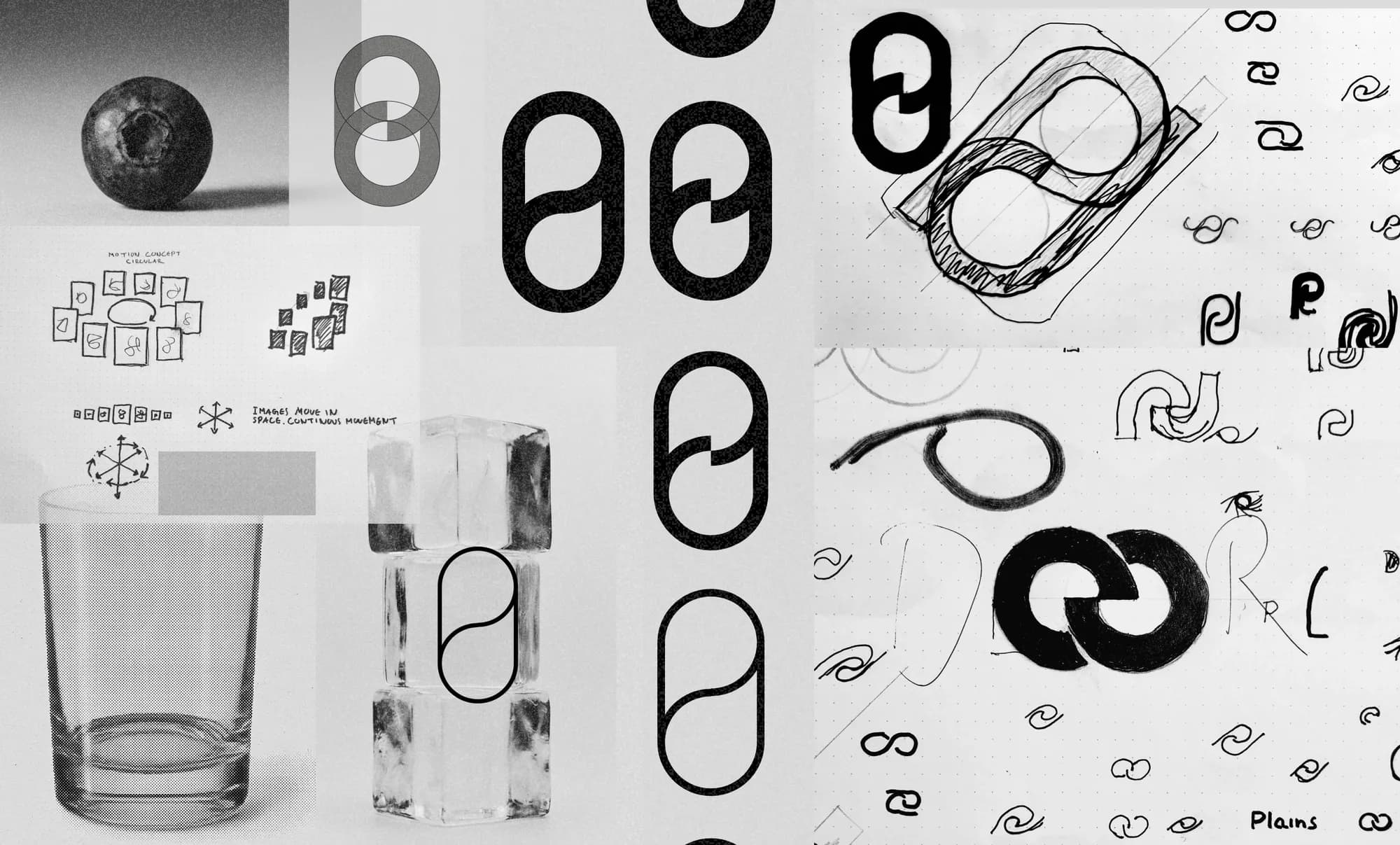 Moodboard of P/0 symbol sketches: solid black closed forms, thin open line drawings and hand-drawn variants, mixed with still lifes of a glass, a glass block and a blueberry on grey.