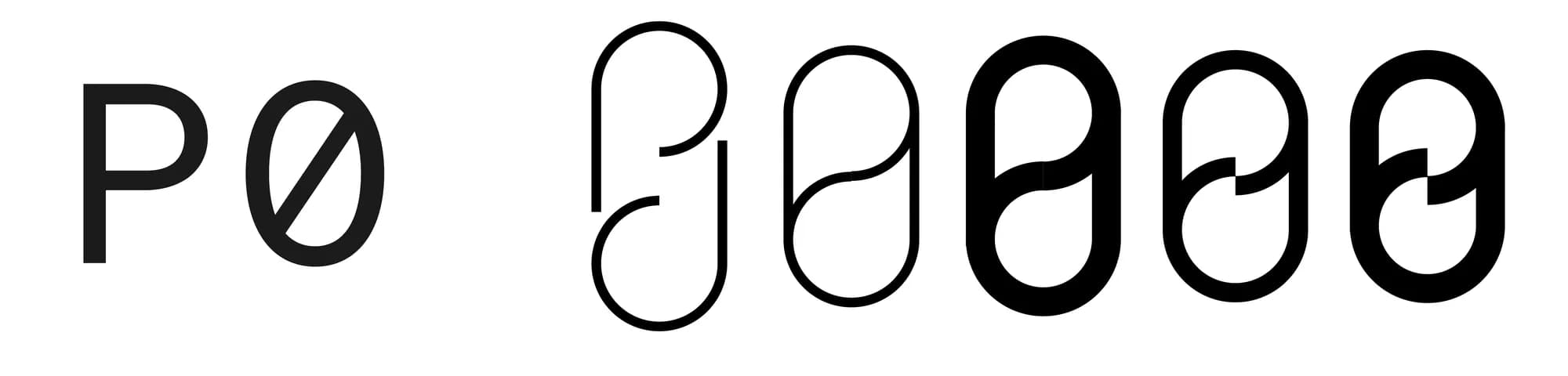 Development of the P/0 symbol: first the letter P and the number zero side by side, then five versions from thin open line and outline to a solid black form where P and zero lock together in the middle.