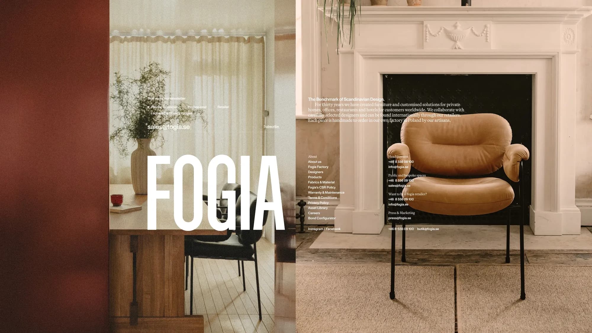Fogia website footer with newsletter signup over a sunlit dining scene, paired with the brand statement 'The Benchmark of Scandinavian Design' beside a tan Bollo chair at an ornate fireplace.