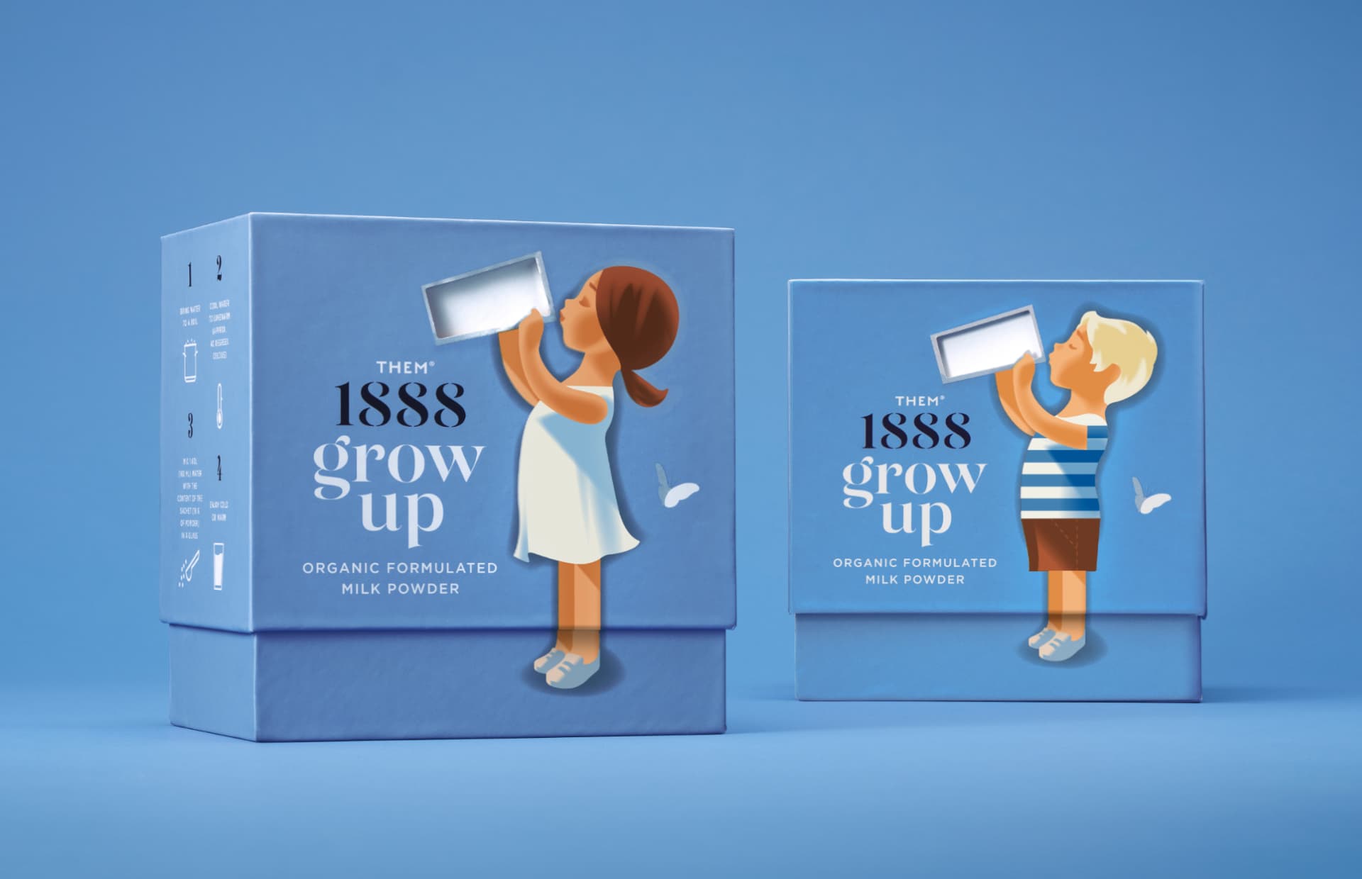 Two packages of milk power from Them 1888, one with a girl on the box, and one with a boy on the box