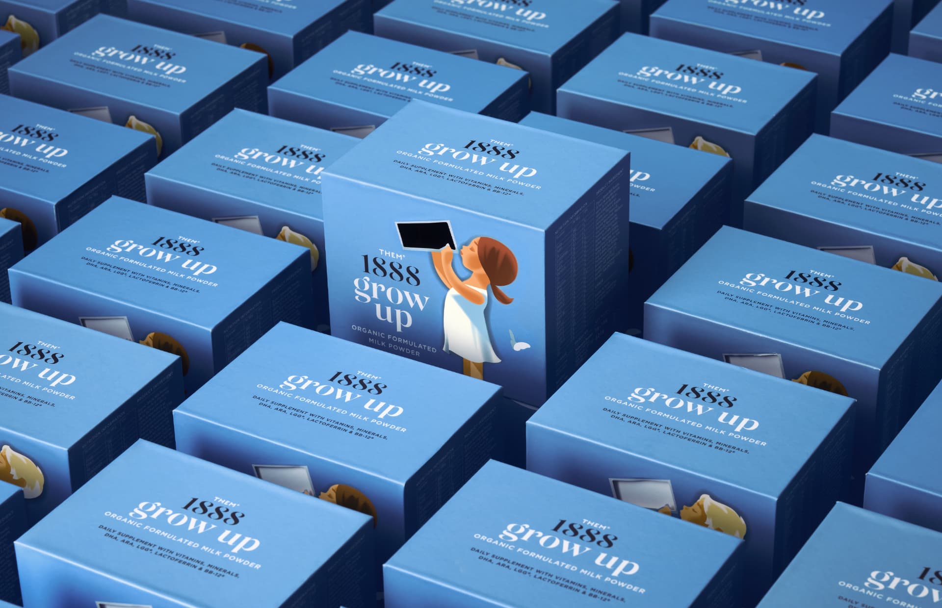 Rows and rows of packs with milk powder products from Them 1888