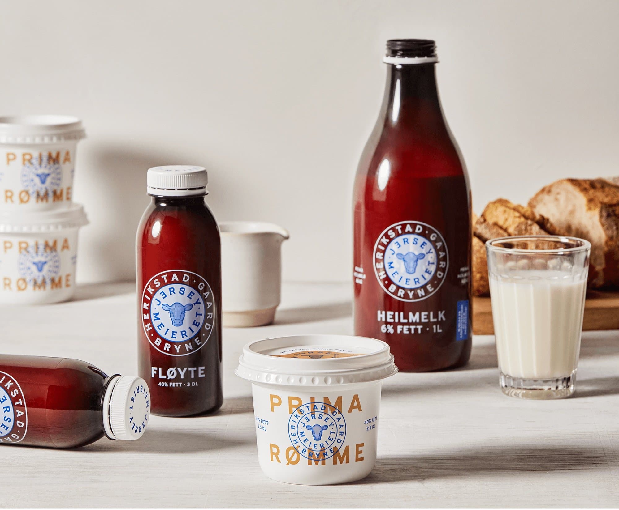 Table with milk, cream and butter from Norwegian dairy farm Jerseymeiriet