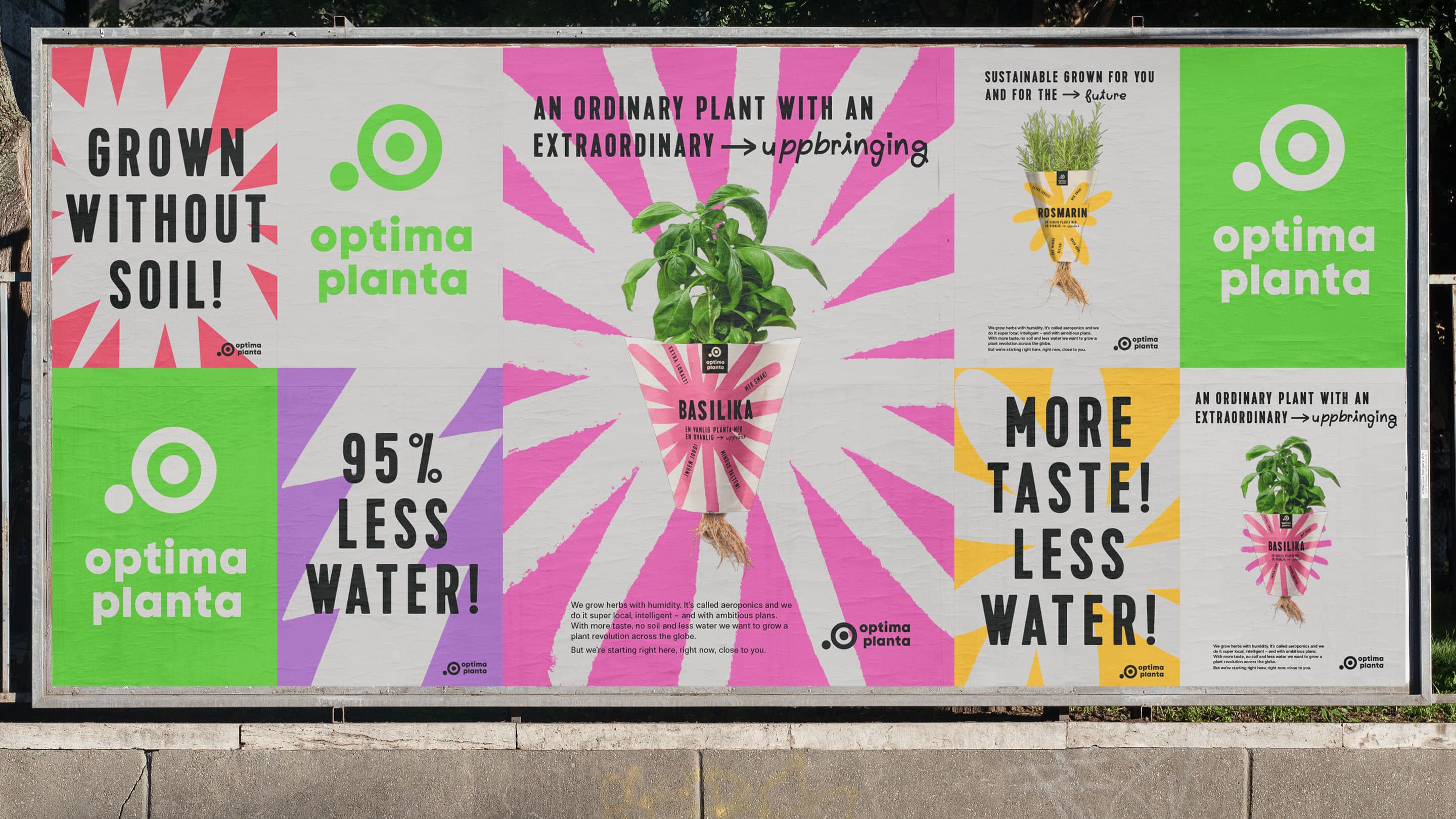 Billboard with packaging design and slogans for Optima Planta by Swedish design agency Pond Design