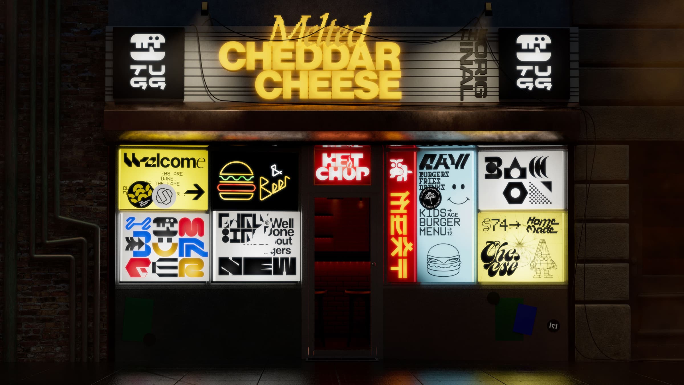 Tugg Burgers restaurant rendering with neon signs