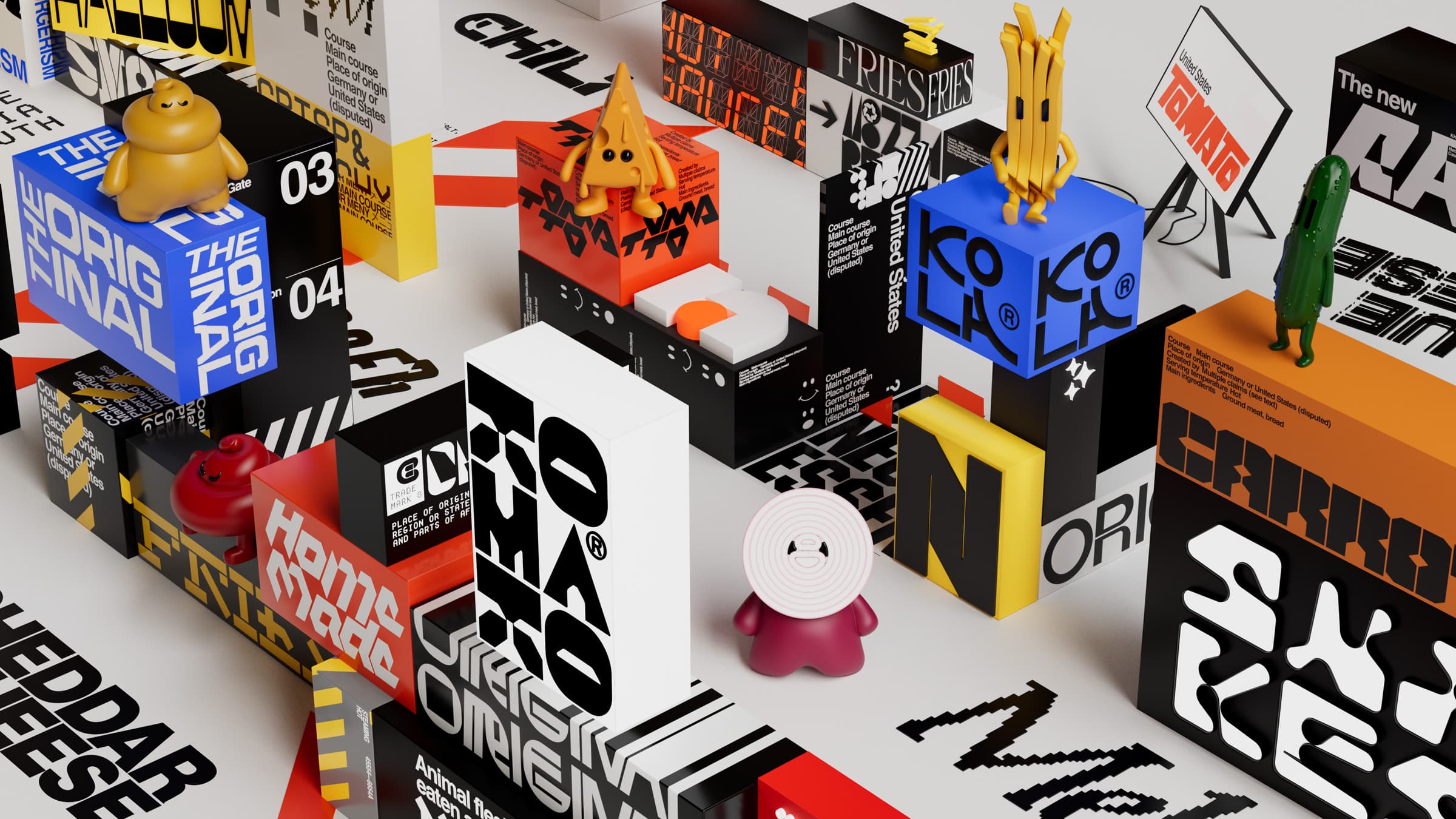 Overview photo of the brand city designed for Tugg Burgers with the brand characters placed among the buildings made from letters and words