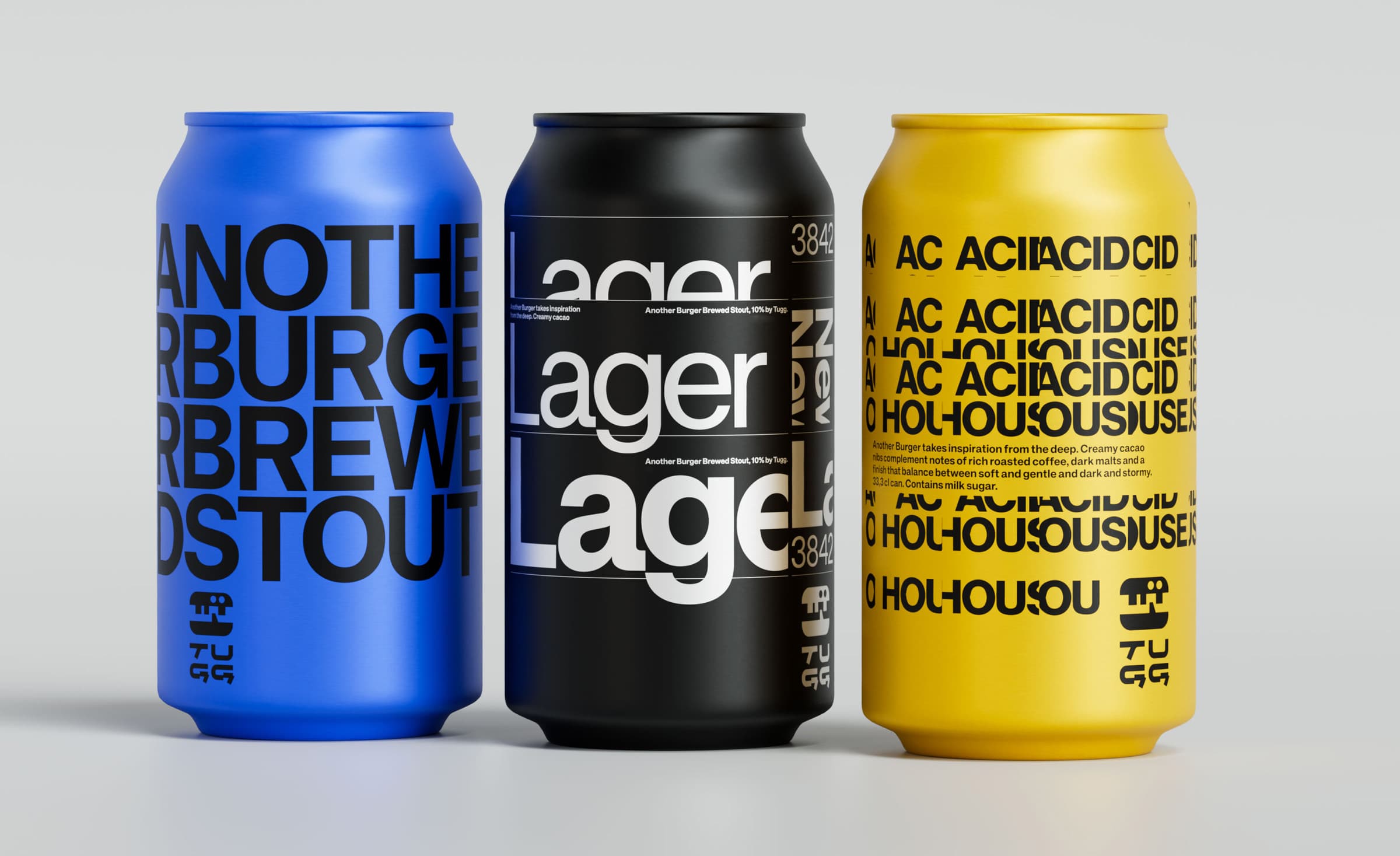 Three cans of beer standing next to each other. One blue, one black and one yellow with large typographic print on them.
