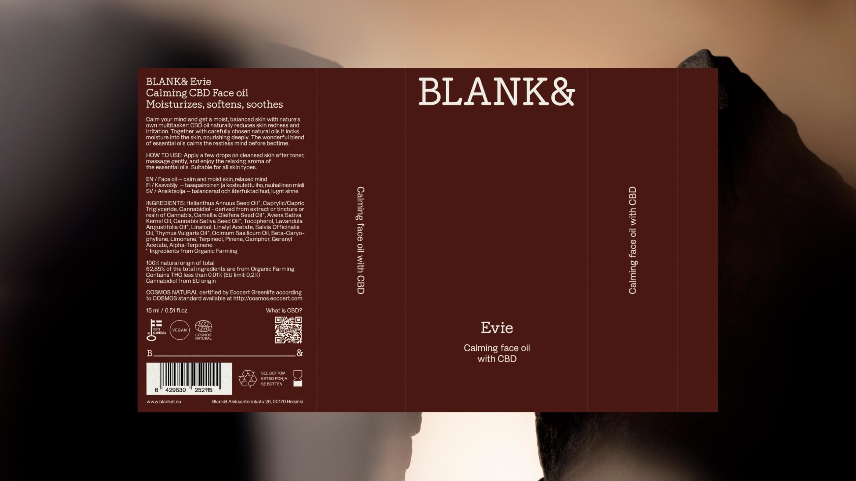 Packaging die-line for Blank& Evie: unfolded box artwork with product info, ingredients, usage instructions, COSMOS Natural certification and barcode; produced in Helsinki, Finland.
