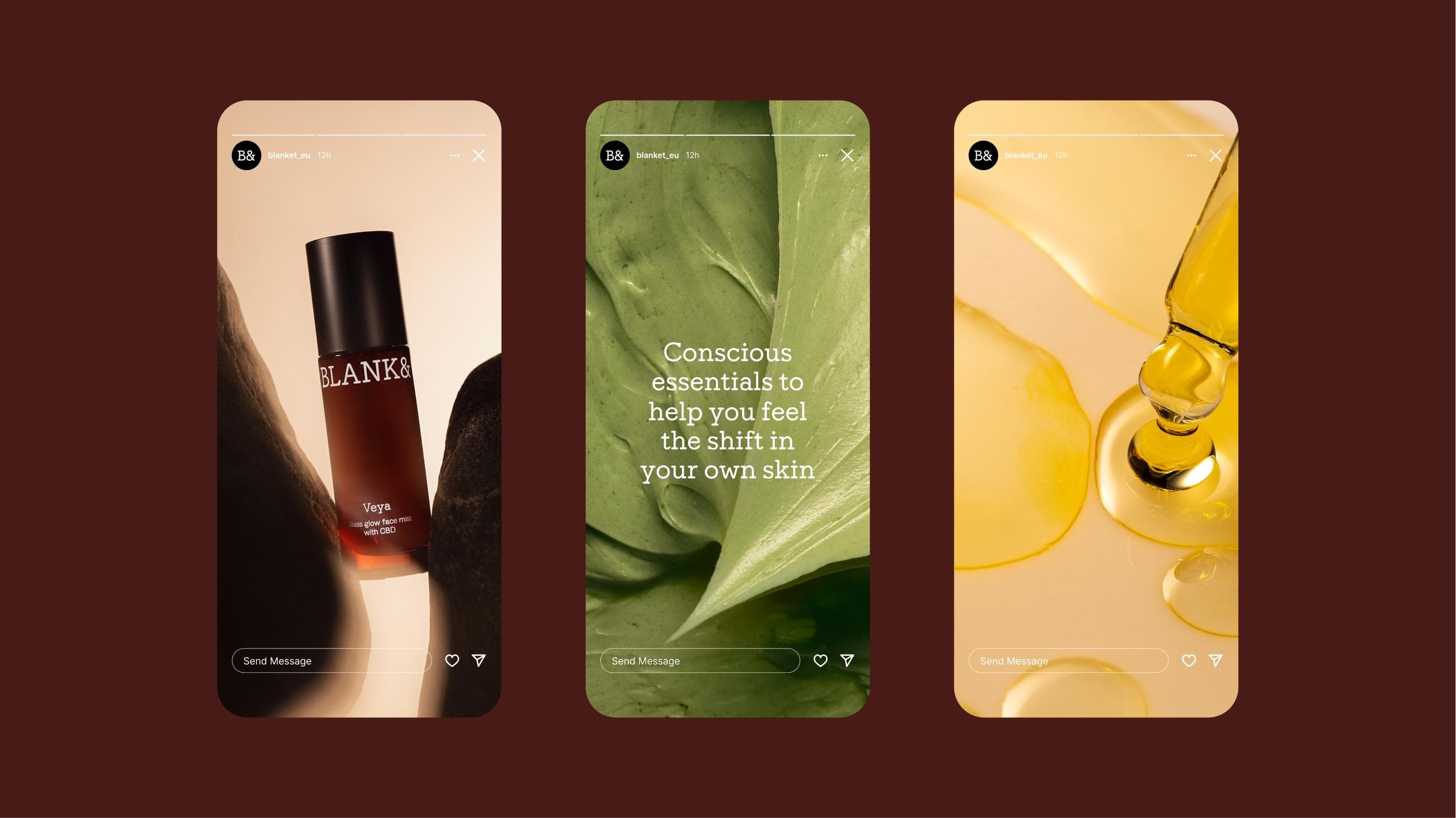 Three Instagram Story mockups from @blanket_eu: the Veya bottle between rocks, a green leaf visual with the line 'Conscious essentials to help you feel the shift in your own skin', and golden oil droplets.