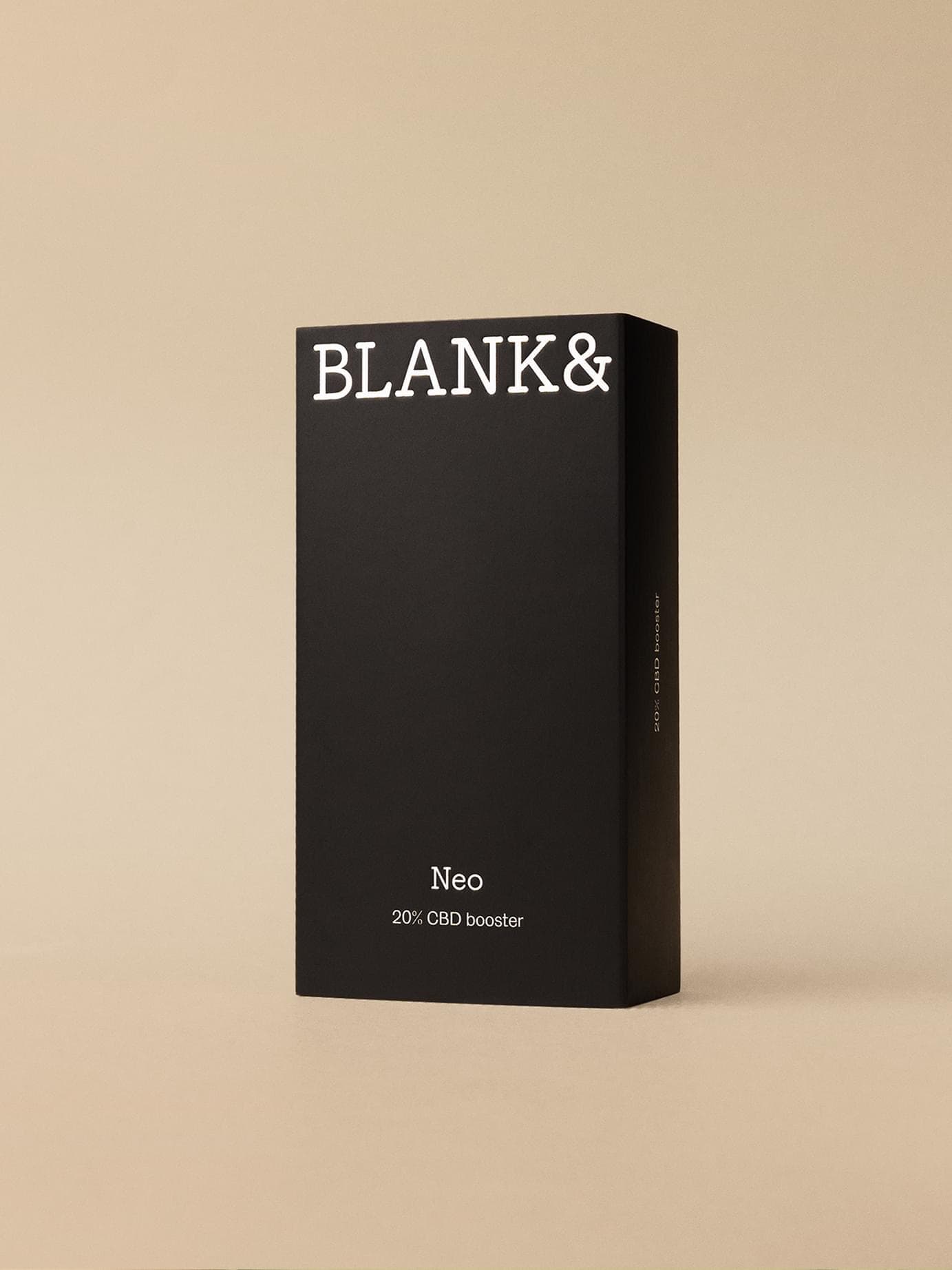 Black packaging for Blank& Neo, a 20% CBD booster, shot standing against a beige background.